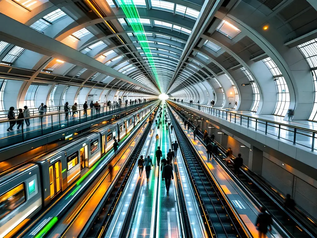 AI-generated illustration: vaulted metro station with trains and passengers, green line on the ceiling