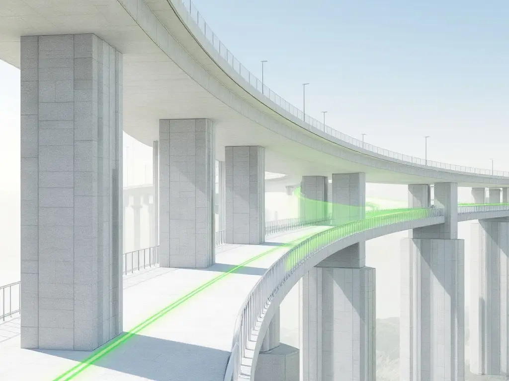 AI-generated illustration: curved concrete viaduct, with an optical fibre shown in green along the deck