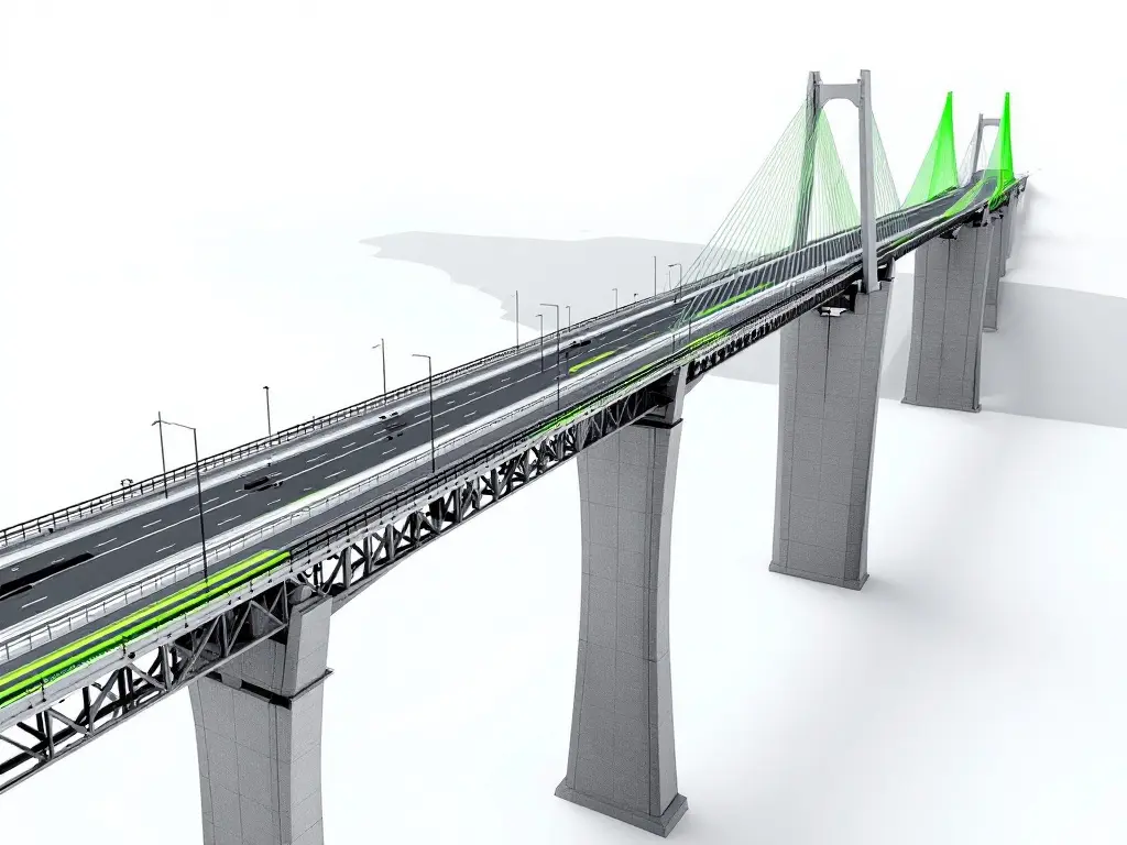 AI-generated illustration: motorway cable-stayed bridge, with stay cables and deck highlighted in green