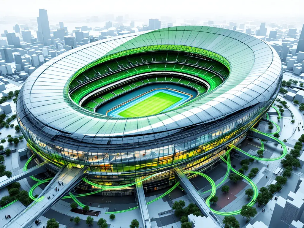 AI-generated illustration: aerial view of a stadium, surrounded by a fibre-optic network shown in green