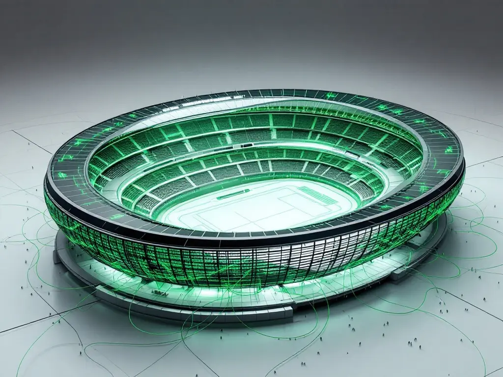 AI-generated illustration: wireframe model of a stadium traced with green lines, evoking its digital twin