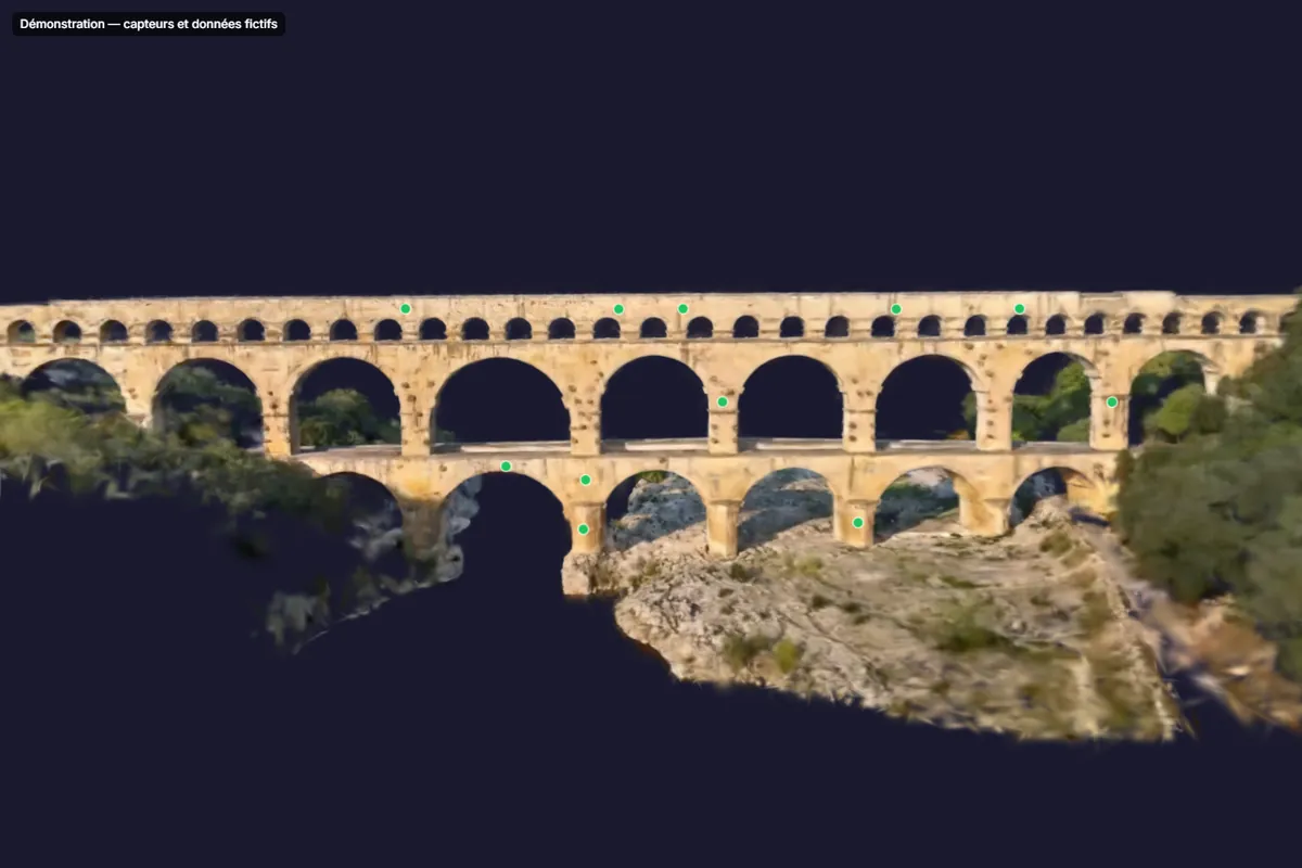 Screenshot of the SensyTwin 3D viewer (interface in French): the Pont du Gard reconstructed with Gaussian splatting, front view, with markers for fictitious sensors