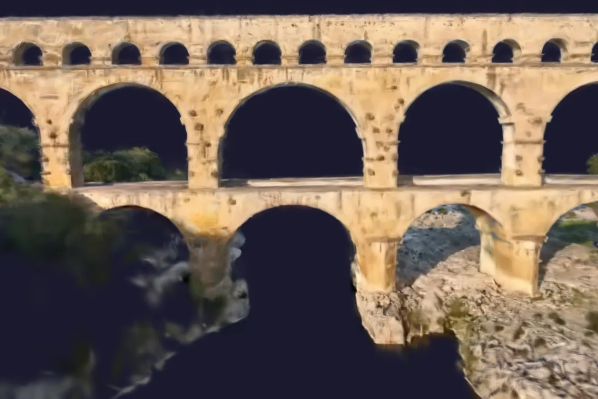 Screenshot of the SensyTwin 3D viewer (interface in French): close-up of the arches of the Pont du Gard, rendered with Gaussian splatting